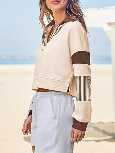 Women's Long Sleeve Crop Tops Polo V Neck Color Block Casual Loose Pullover Cropped Sweatshirt - Image 7