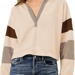 Women's Long Sleeve Crop Tops Polo V Neck Color Block Casual Loose Pullover Cropped Sweatshirt