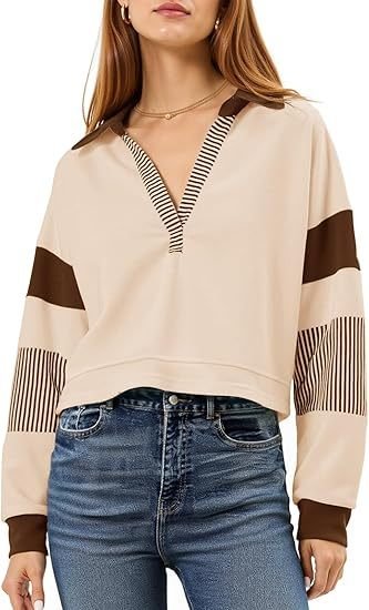 Women's Long Sleeve Crop Tops Polo V Neck Color Block Casual Loose Pullover Cropped Sweatshirt