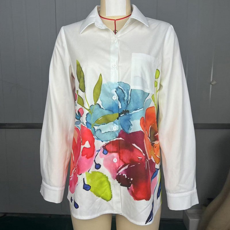 Women Long Sleeve Blouse With Colorful Floral Print - Chest Pocket Button-Up Shirt For Spring&Fall - Image 5