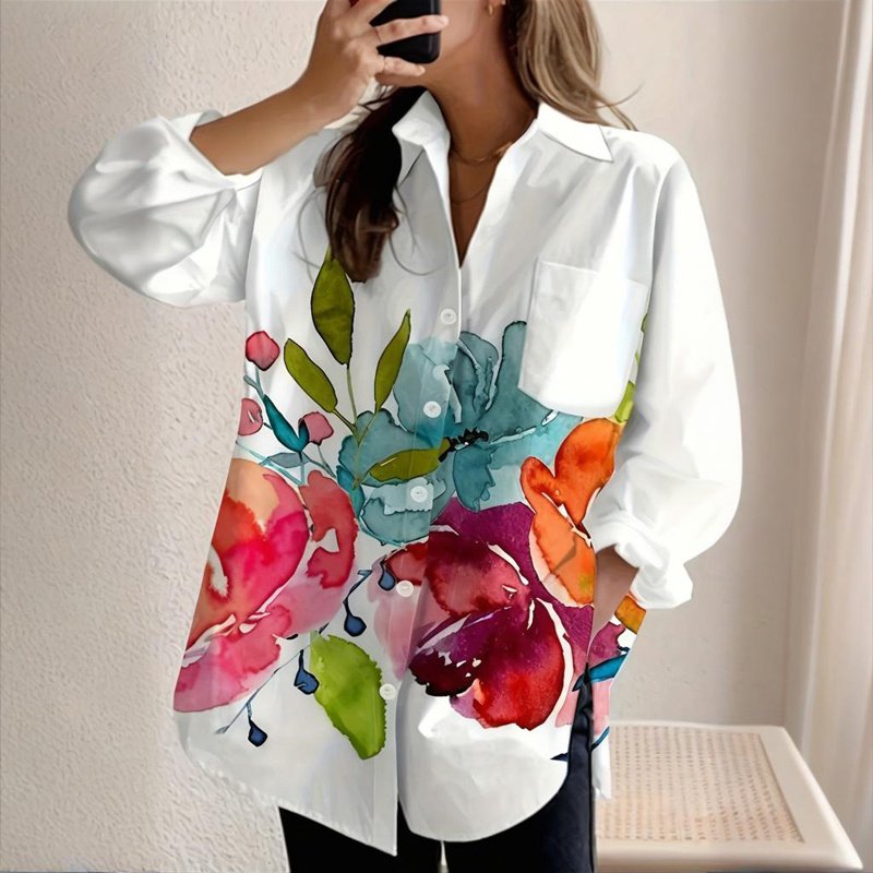 Women Long Sleeve Blouse With Colorful Floral Print - Chest Pocket Button-Up Shirt For Spring&Fall