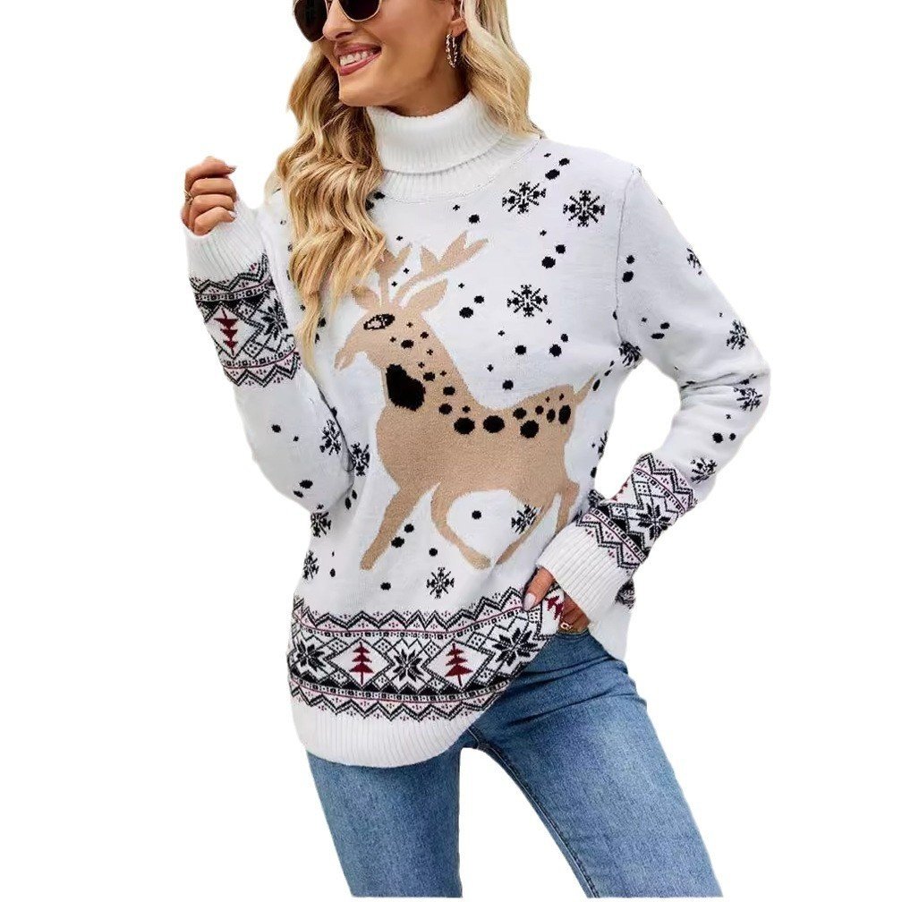 High Collar Loose Long Sleeve Snowflake Sweater For Women - Image 2