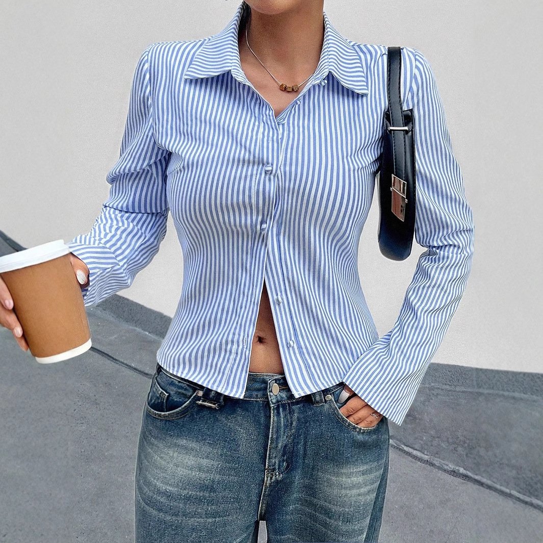 Fashion Casual All-match V-neck Striped Long Sleeve Shirt Top - Image 5