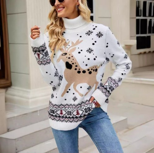 High Collar Loose Long Sleeve Snowflake Sweater For Women - Image 3
