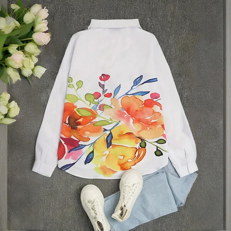 Women Long Sleeve Blouse With Colorful Floral Print - Chest Pocket Button-Up Shirt For Spring&Fall - Image 2