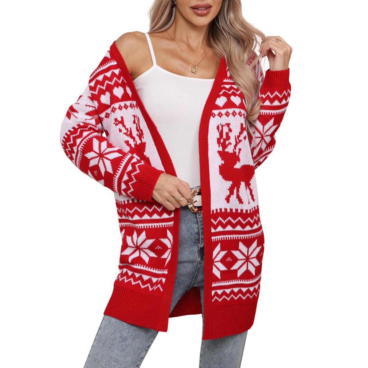 Elk Snowflake Embroidered Knitted Cardigan Coat For Women