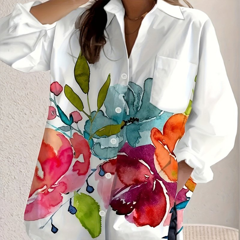 Women Long Sleeve Blouse With Colorful Floral Print - Chest Pocket Button-Up Shirt For Spring&Fall - Image 4