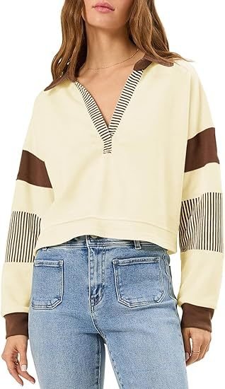 Women's Long Sleeve Crop Tops Polo V Neck Color Block Casual Loose Pullover Cropped Sweatshirt - Image 6