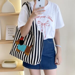 Cute Cartoon Embroidery Puppy Shoulder Bag Fashion Striped Hand-carrying Canvas Bag