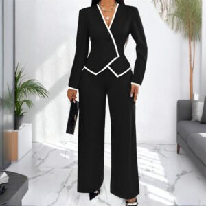 Women's Two-Piece V-Neck Long Sleeve Blouse With Contrast Trim & Straight Leg Wide Pants Set - Office Wear Suit For Spring&Fall
