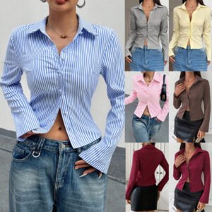 Fashion Casual All-match V-neck Striped Long Sleeve Shirt Top